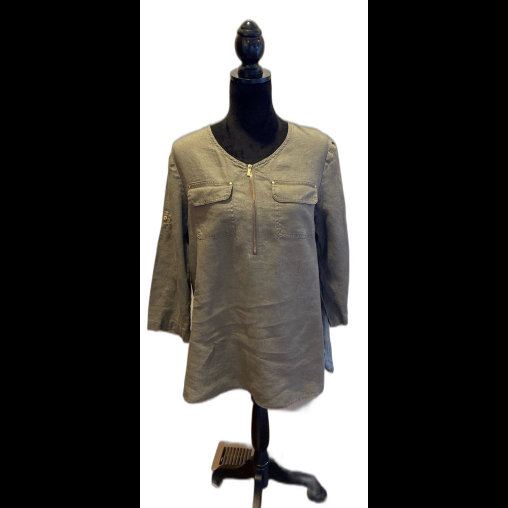 Jones New York Sport Linen Blouse Size Medium Olive Green Tunic‎ Top  Zip Front